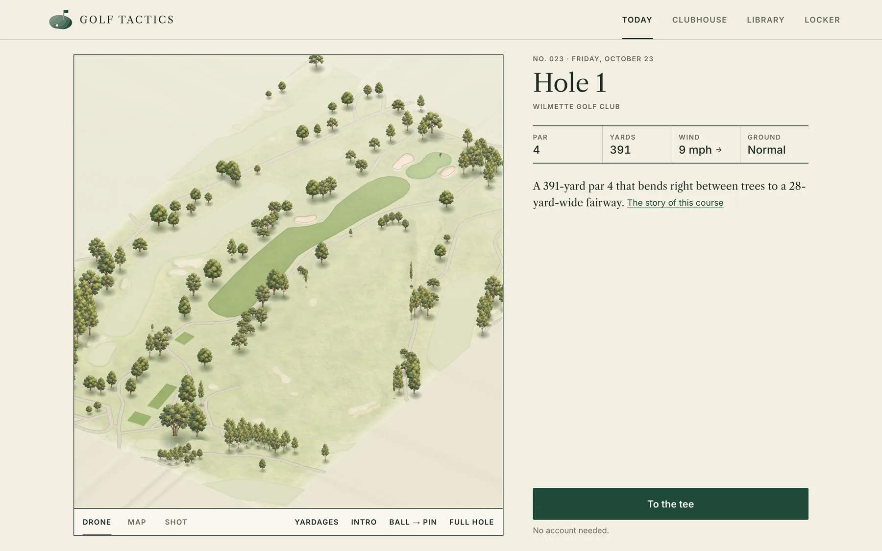 The game on a computer: today's hole drawn in 3D beside its par, yardage, wind and ground, with a To the tee button.