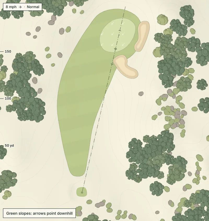 The same hole from the Map view, drawn from above like a yardage book, with yardage ticks along its edge.